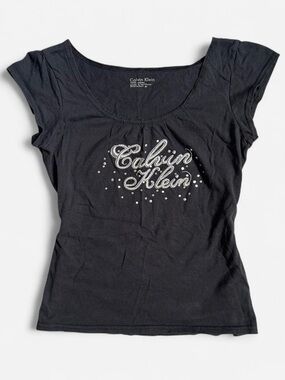 2000s Calvin Klein Black Baby Tee w Silver Cursive logo